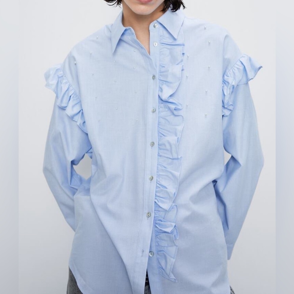 Zara poplin pearl ruffled sky blue shirt